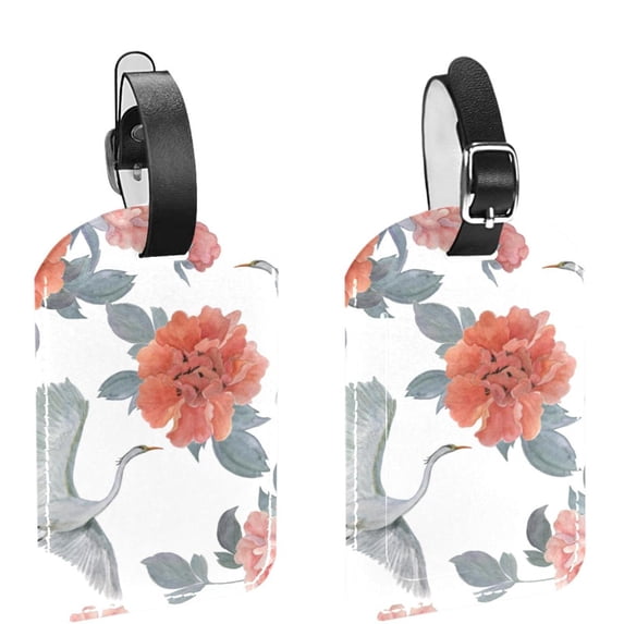 Square 2Pack PU Leather Peones and Flying Crane Cruise Luggage Tag with Privacy Cover and Name ID Tag for Travel Handbags Backpacks Luggage Tags