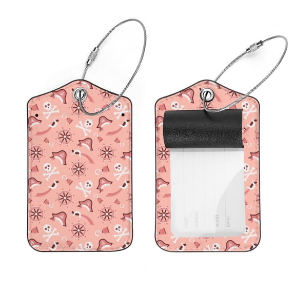 Square 2Pack PU Leather Pink Pirate Element Cruise Luggage Tag with Privacy Cover and Stainless Steel Ring - Suitable for Travel Handbags Backpacks Luggage Tags