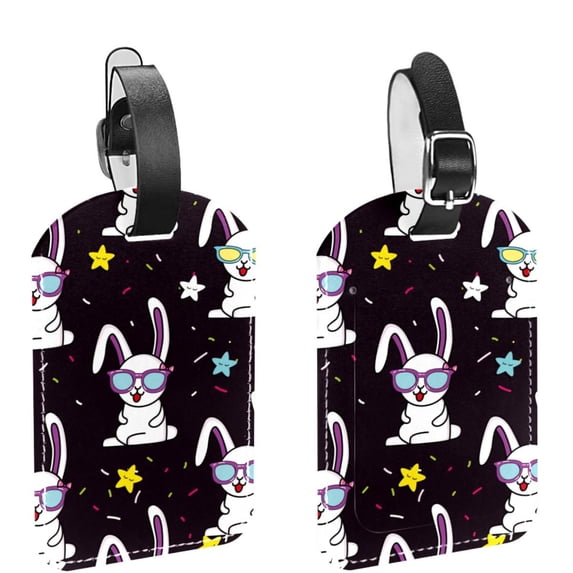 Square 2Pack PU Leather Rabbit Glasses Stars Cruise Luggage Tag with Privacy Cover and Name ID Tag for Travel Handbags Backpacks Luggage Tags