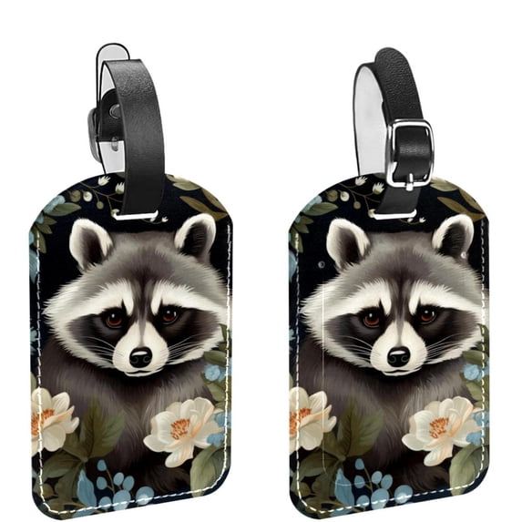 Square 2Pack PU Leather Raccoon Cruise Luggage Tag with Privacy Cover and Name ID Tag for Travel Handbags Backpacks Luggage Tags