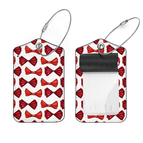 Square 2Pack PU Leather Red Color Bows Tie Cruise Luggage Tag with Privacy Cover and Stainless Steel Ring - Suitable for Travel Handbags Backpacks Luggage Tags