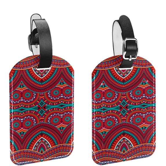Square 2Pack PU Leather Red Retro Bohemia Cruise Luggage Tag with Privacy Cover and Name ID Tag for Travel Handbags Backpacks Luggage Tags