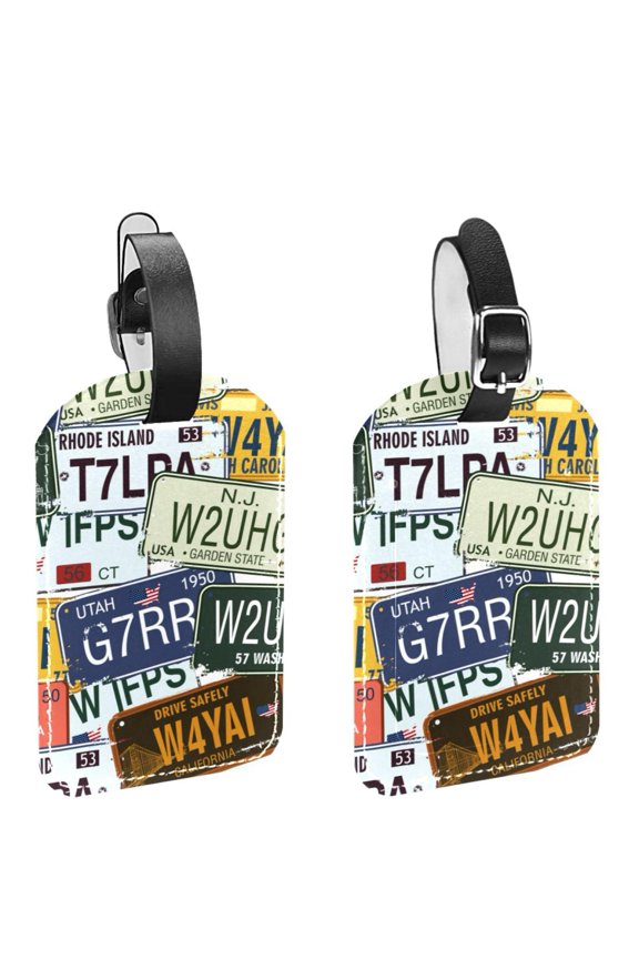 Square 2Pack PU Leather Retro Auto Licence Plates Cruise Luggage Tag with Privacy Cover and Name ID Tag for Travel Handbags Backpacks Luggage Tags