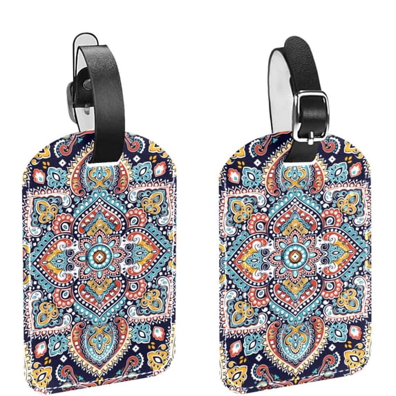 Square 2Pack PU Leather Retro Indian Style Bohemia Cruise Luggage Tag with Privacy Cover and Name ID Tag for Travel Handbags Backpacks Luggage Tags
