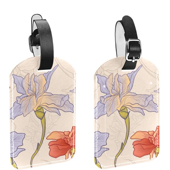 Square 2Pack PU Leather Retro Iris Flower Cruise Luggage Tag with Privacy Cover and Name ID Tag for Travel Handbags Backpacks Luggage Tags