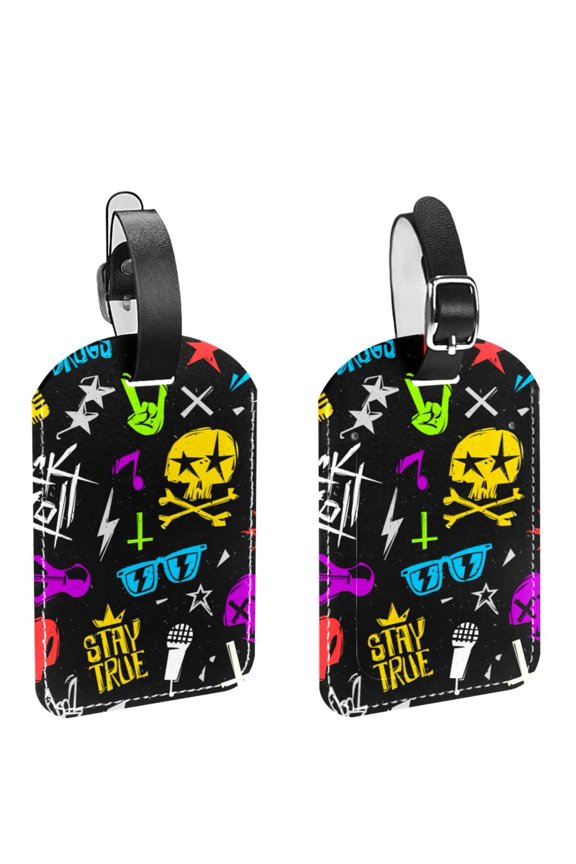 Square 2Pack PU Leather Rock Black Cruise Luggage Tag with Privacy Cover and Name ID Tag for Travel Handbags Backpacks Luggage Tags