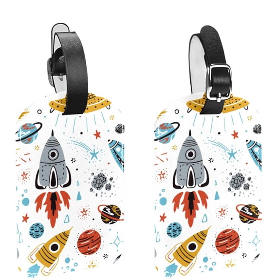 Square 2Pack PU Leather Rocket Planet Cruise Luggage Tag with Privacy Cover and Name ID Tag for Travel Handbags Backpacks Luggage Tags