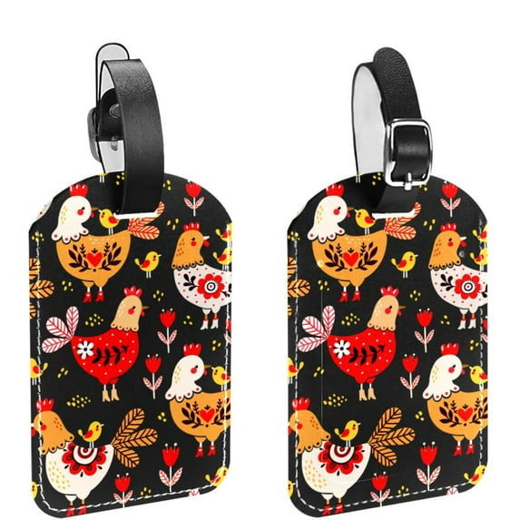 Square 2Pack PU Leather Rooster Chicken Floral Cruise Luggage Tag with Privacy Cover and Name ID Tag for Travel Handbags Backpacks Luggage Tags