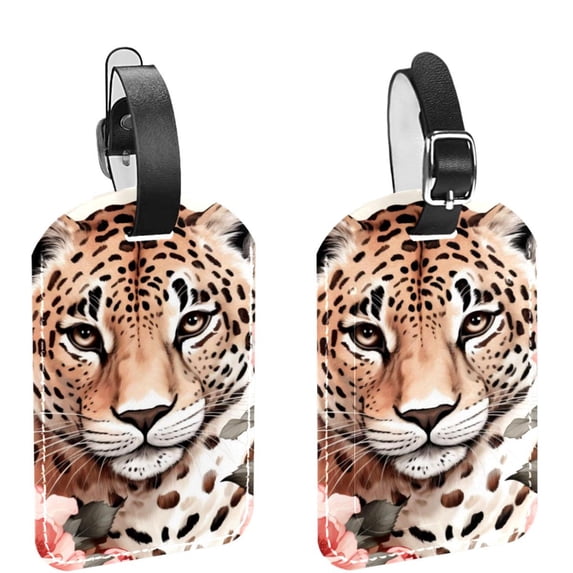 Square 2Pack PU Leather Rose and Leopard Cruise Luggage Tag with Privacy Cover and Name ID Tag for Travel Handbags Backpacks Luggage Tags
