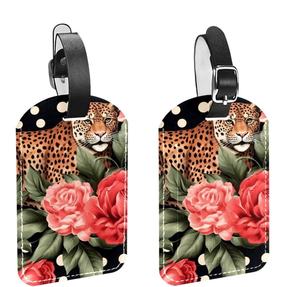 Square 2Pack PU Leather Rose and Leopard Cruise Luggage Tag with Privacy Cover and Name ID Tag for Travel Handbags Backpacks Luggage Tags