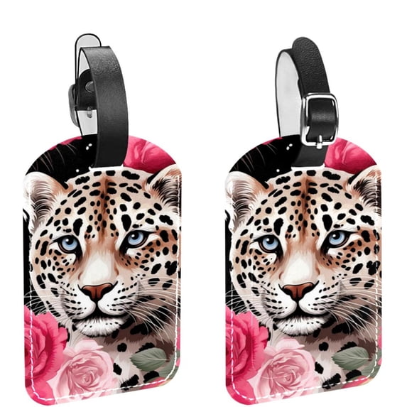 Square 2Pack PU Leather Rose and Leopard Cruise Luggage Tag with Privacy Cover and Name ID Tag for Travel Handbags Backpacks Luggage Tags