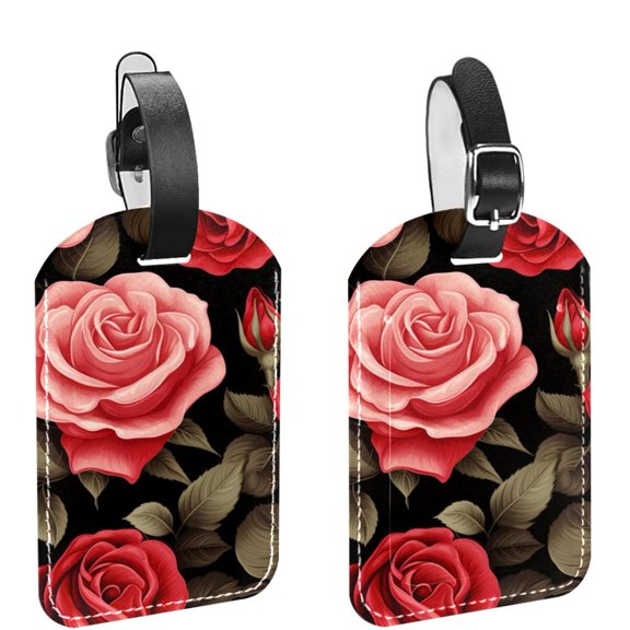 Square 2Pack PU Leather Roses Cruise Luggage Tag with Privacy Cover and Name ID Tag for Travel Handbags Backpacks Luggage Tags