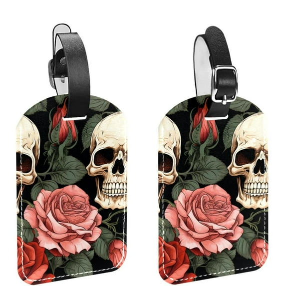 Square 2Pack PU Leather Roses and Skull Cruise Luggage Tag with Privacy Cover and Name ID Tag for Travel Handbags Backpacks Luggage Tags