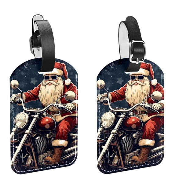 Square 2Pack PU Leather Santa Claus Motorcycle Cruise Luggage Tag with Privacy Cover and Name ID Tag for Travel Handbags Backpacks Luggage Tags
