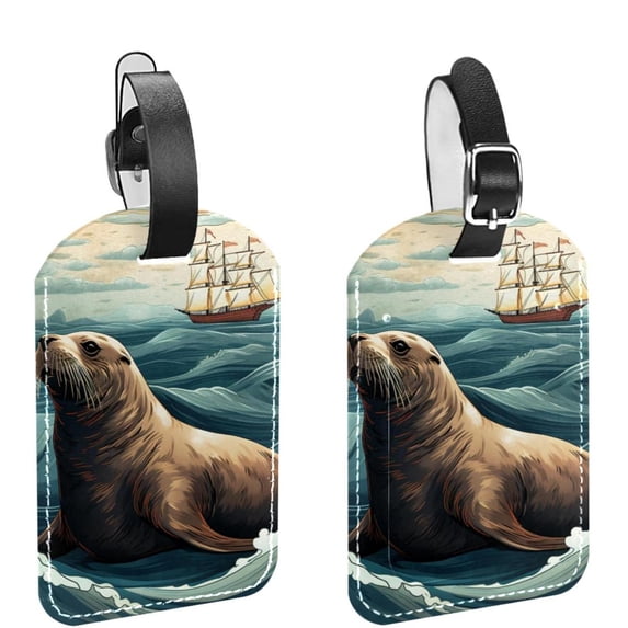 Square 2Pack PU Leather Sea Lion Cruise Luggage Tag with Privacy Cover and Name ID Tag for Travel Handbags Backpacks Luggage Tags