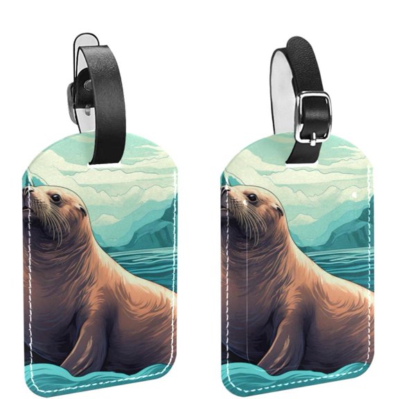 Square 2Pack PU Leather Sea Lion Cruise Luggage Tag with Privacy Cover and Name ID Tag for Travel Handbags Backpacks Luggage Tags
