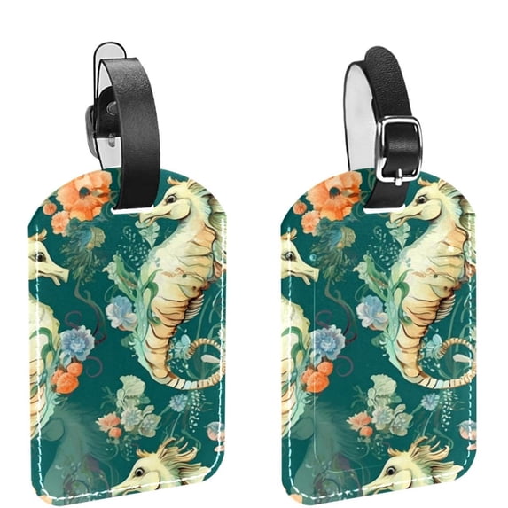 Square 2Pack PU Leather Seahorse Cruise Luggage Tag with Privacy Cover and Name ID Tag for Travel Handbags Backpacks Luggage Tags