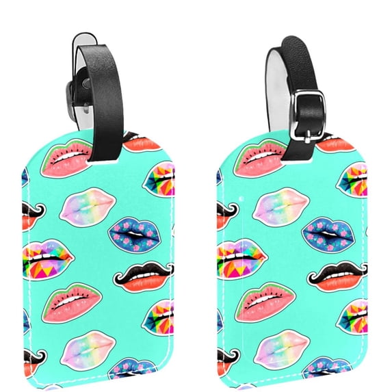 Square 2Pack PU Leather Sexy Lips Pattern Cruise Luggage Tag with Privacy Cover and Name ID Tag for Travel Handbags Backpacks Luggage Tags