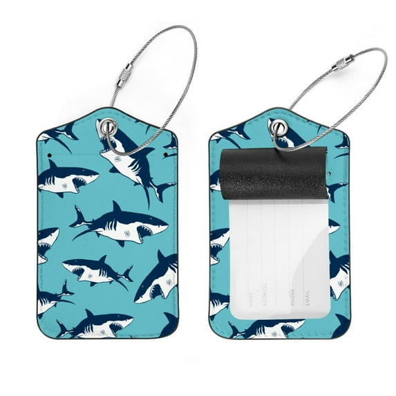 Square 2Pack PU Leather Shark Cruise Luggage Tag with Privacy Cover and Stainless Steel Ring - Suitable for Travel Handbags Backpacks Luggage Tags