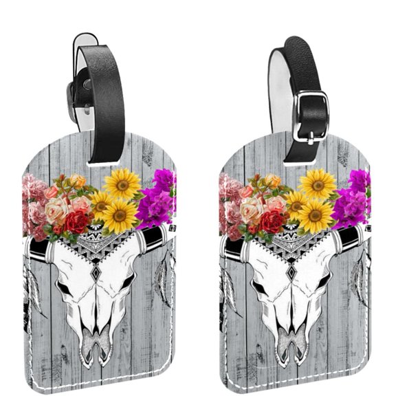 Square 2Pack PU Leather Sheep Head Skull Flower Cruise Luggage Tag with Privacy Cover and Name ID Tag for Travel Handbags Backpacks Luggage Tags