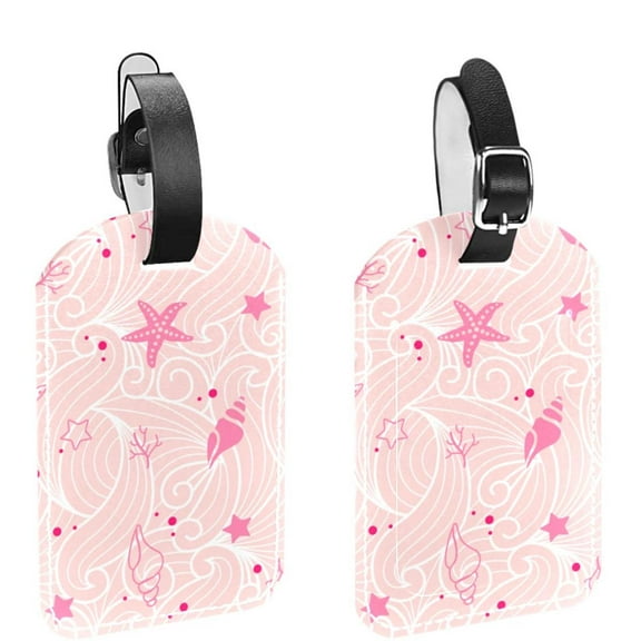 Square 2Pack PU Leather Shellfish Summer Beach Cruise Luggage Tag with Privacy Cover and Name ID Tag for Travel Handbags Backpacks Luggage Tags