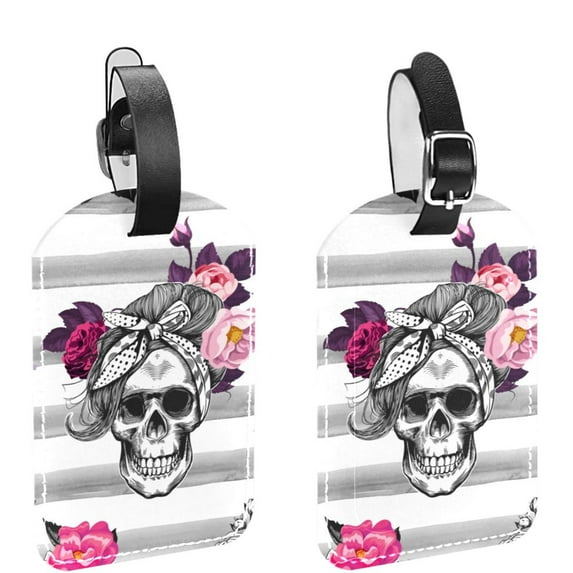 Square 2Pack PU Leather Skull Cruise Luggage Tag with Privacy Cover and Name ID Tag for Travel Handbags Backpacks Luggage Tags