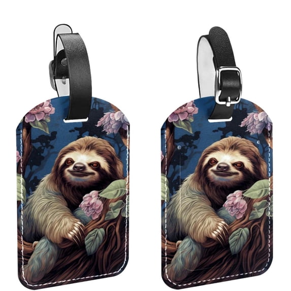 Square 2Pack PU Leather Sloth Cruise Luggage Tag with Privacy Cover and Name ID Tag for Travel Handbags Backpacks Luggage Tags