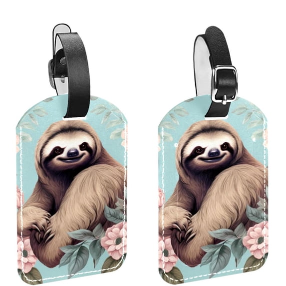 Square 2Pack PU Leather Sloth Cruise Luggage Tag with Privacy Cover and Name ID Tag for Travel Handbags Backpacks Luggage Tags