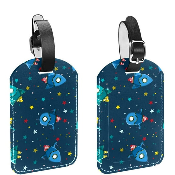 Square 2Pack PU Leather Space Rocket Ships Stars Cruise Luggage Tag with Privacy Cover and Name ID Tag for Travel Handbags Backpacks Luggage Tags