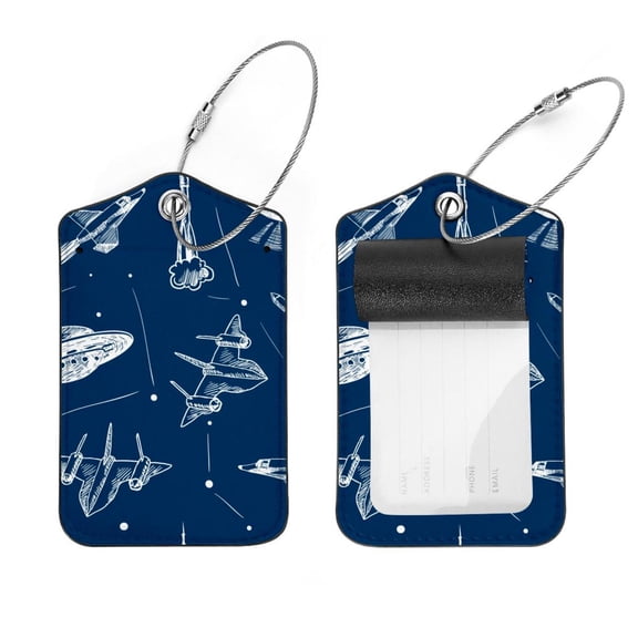 Square 2Pack PU Leather Spacecraft Rocket Plane Cruise Luggage Tag with Privacy Cover and Stainless Steel Ring - Suitable for Travel Handbags Backpacks Luggage Tags