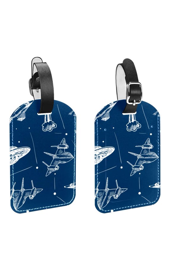 Square 2Pack PU Leather Spacecraft Rocket Plane Cruise Luggage Tag with Privacy Cover and Name ID Tag for Travel Handbags Backpacks Luggage Tags