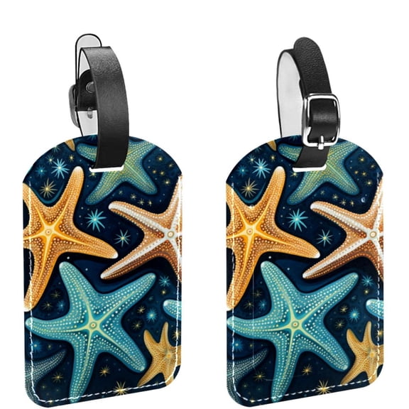 Square 2Pack PU Leather Starfish Cruise Luggage Tag with Privacy Cover and Name ID Tag for Travel Handbags Backpacks Luggage Tags