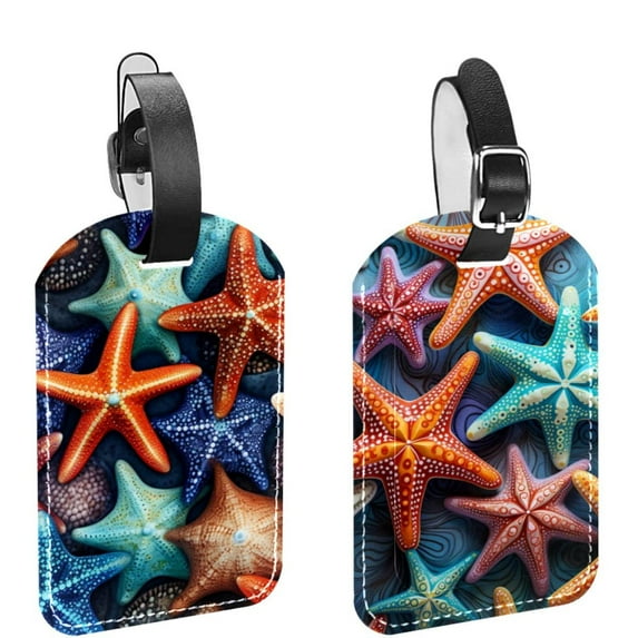 Square 2Pack PU Leather Starfish Cruise Luggage Tag with Privacy Cover and Name ID Tag for Travel Handbags Backpacks Luggage Tags