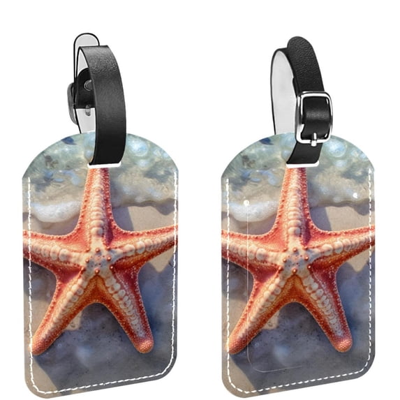 Square 2Pack PU Leather Starfish Cruise Luggage Tag with Privacy Cover and Name ID Tag for Travel Handbags Backpacks Luggage Tags