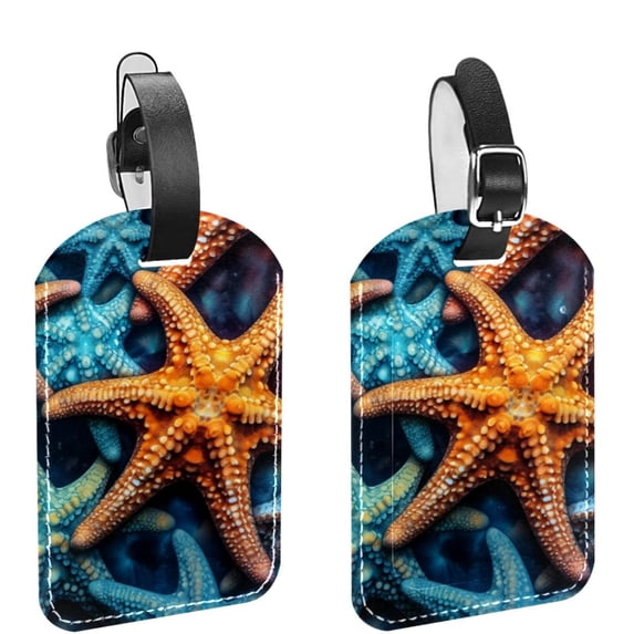 Square 2Pack PU Leather Starfish Cruise Luggage Tag with Privacy Cover and Name ID Tag for Travel Handbags Backpacks Luggage Tags