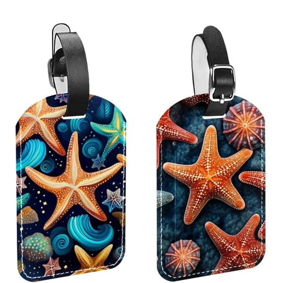 Square 2Pack PU Leather Starfish Cruise Luggage Tag with Privacy Cover and Name ID Tag for Travel Handbags Backpacks Luggage Tags