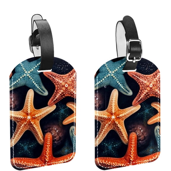 Square 2Pack PU Leather Starfish Cruise Luggage Tag with Privacy Cover and Name ID Tag for Travel Handbags Backpacks Luggage Tags