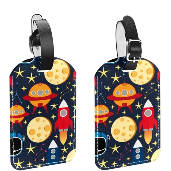 Square 2Pack PU Leather Stars Planets with Rockets Cruise Luggage Tag with Privacy Cover and Name ID Tag for Travel Handbags Backpacks Luggage Tags