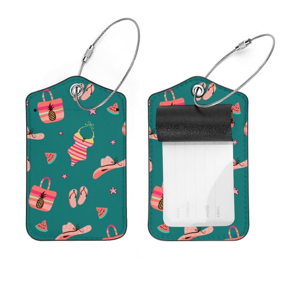Square 2Pack PU Leather Summer Green Cruise Luggage Tag with Privacy Cover and Stainless Steel Ring - Suitable for Travel Handbags Backpacks Luggage Tags