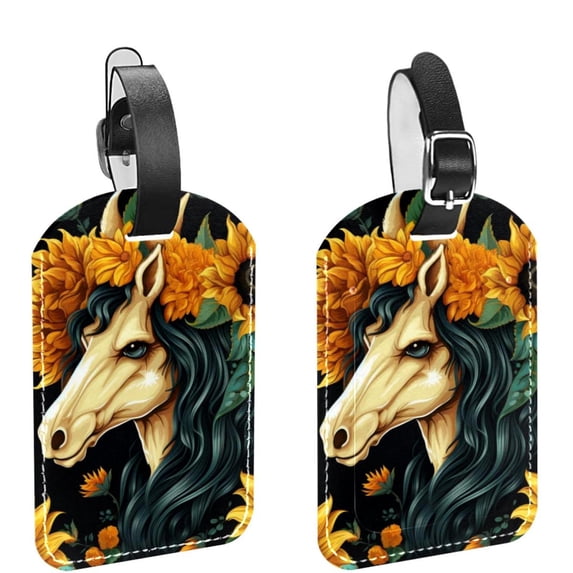 Square 2Pack PU Leather Sunflower Unicorn Cruise Luggage Tag with Privacy Cover and Name ID Tag for Travel Handbags Backpacks Luggage Tags