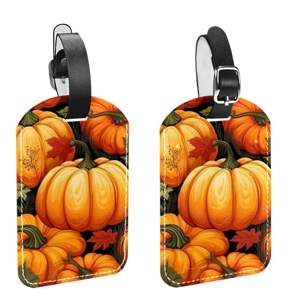 Square 2Pack PU Leather Thanksgiving Pumpkin Cruise Luggage Tag with Privacy Cover and Name ID Tag for Travel Handbags Backpacks Luggage Tags