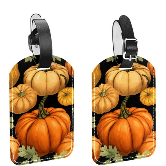Square 2Pack PU Leather Thanksgiving Pumpkin Cruise Luggage Tag with Privacy Cover and Name ID Tag for Travel Handbags Backpacks Luggage Tags