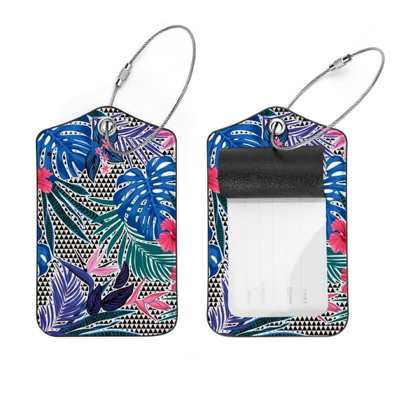 Square 2Pack PU Leather Tropical Leaves Cruise Luggage Tag with Privacy Cover and Stainless Steel Ring - Suitable for Travel Handbags Backpacks Luggage Tags