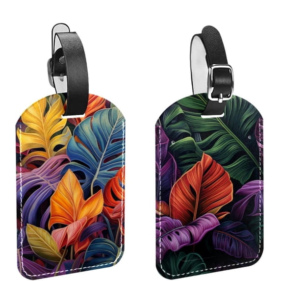 Square 2Pack PU Leather Tropical Leaves Cruise Luggage Tag with Privacy Cover and Name ID Tag for Travel Handbags Backpacks Luggage Tags