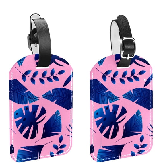 Square 2Pack PU Leather Tropical Pink Leaf Cruise Luggage Tag with Privacy Cover and Name ID Tag for Travel Handbags Backpacks Luggage Tags