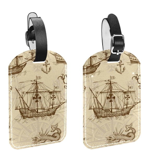 Square 2Pack PU Leather Vintage Sailboat Old Cruise Luggage Tag with Privacy Cover and Name ID Tag for Travel Handbags Backpacks Luggage Tags