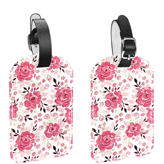 Square 2Pack PU Leather Watercolor Pink Floral Cruise Luggage Tag with Privacy Cover and Name ID Tag for Travel Handbags Backpacks Luggage Tags
