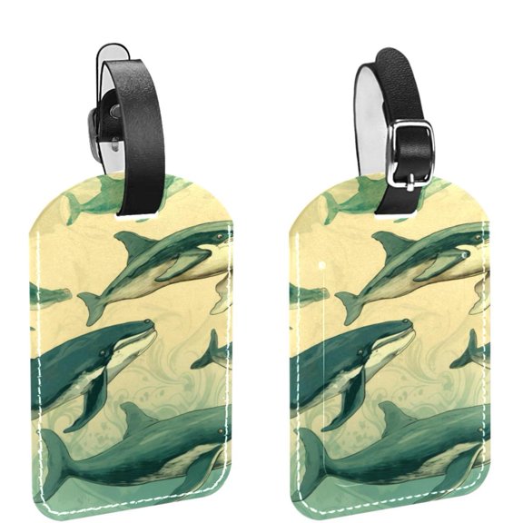 Square 2Pack PU Leather Whale Cruise Luggage Tag with Privacy Cover and Name ID Tag for Travel Handbags Backpacks Luggage Tags