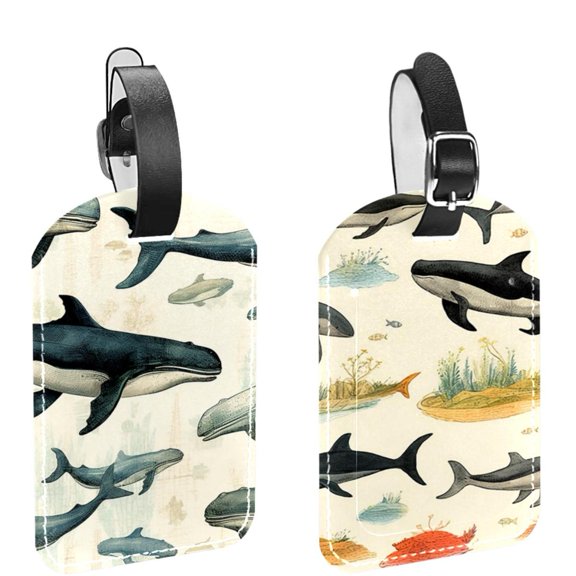 Square 2Pack PU Leather Whale Cruise Luggage Tag with Privacy Cover and Name ID Tag for Travel Handbags Backpacks Luggage Tags