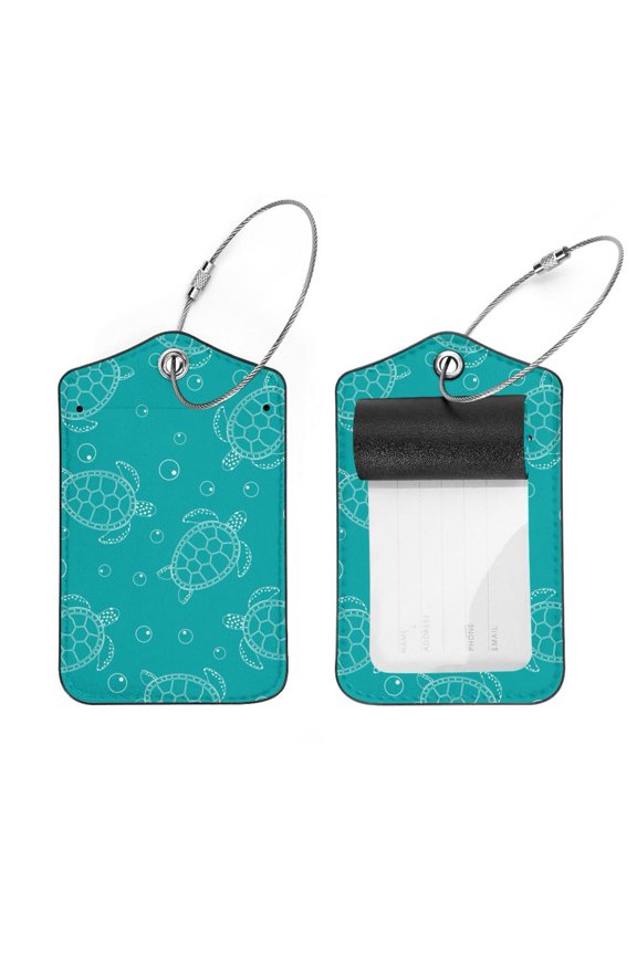 Square 2Pack PU Leather White Sea Turtle Cruise Luggage Tag with Privacy Cover and Stainless Steel Ring - Suitable for Travel Handbags Backpacks Luggage Tags